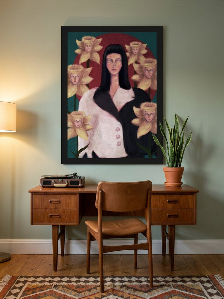 Modern wall art print styled on the wall in a mid-century home office