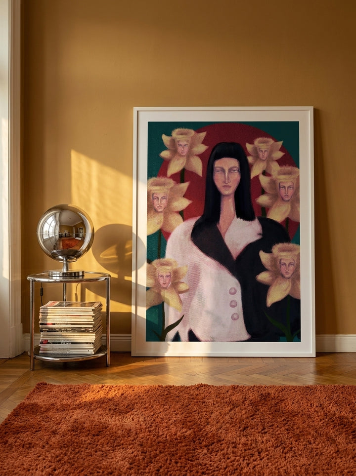 Oversized statement modern wall art print leaning against the wall in a retro 70s living room