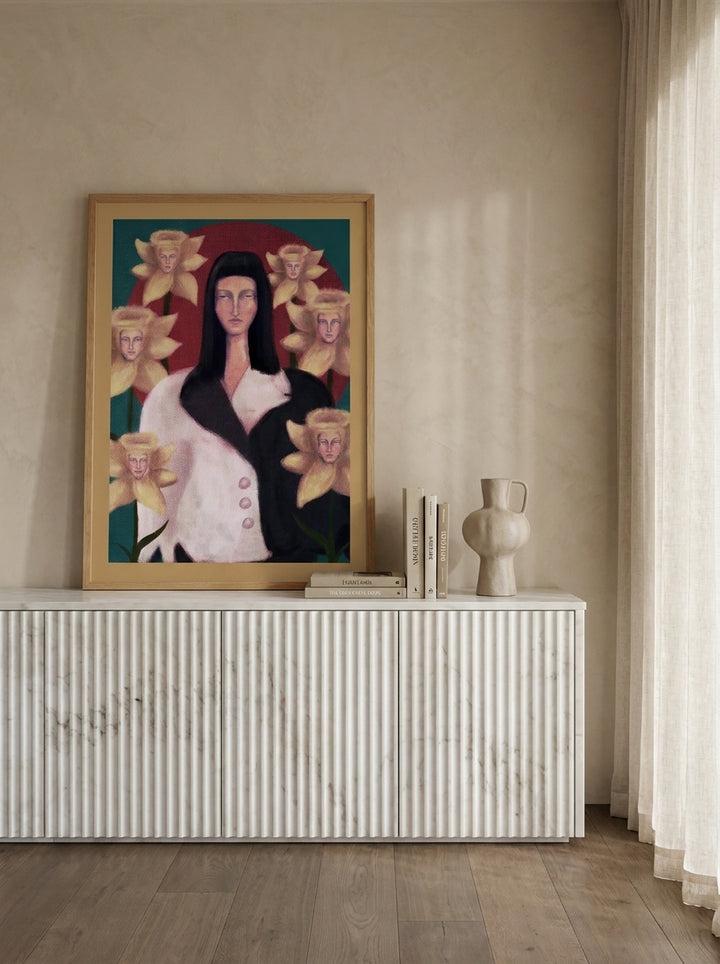 Modern wall art print standing on a sideboard in a luxe dining room