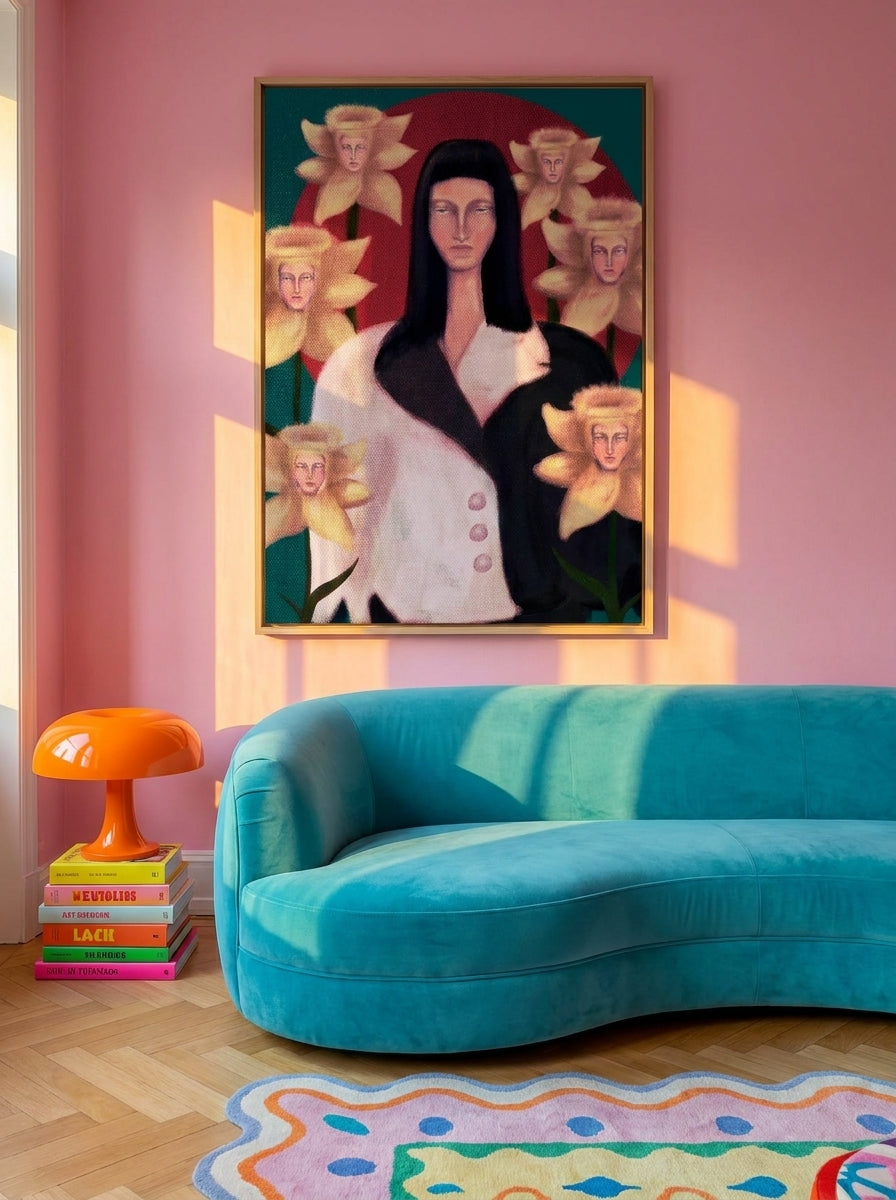 Oversized statement canvas wall art with a natural timber surround styled on the wall in a colourful eclectic living room