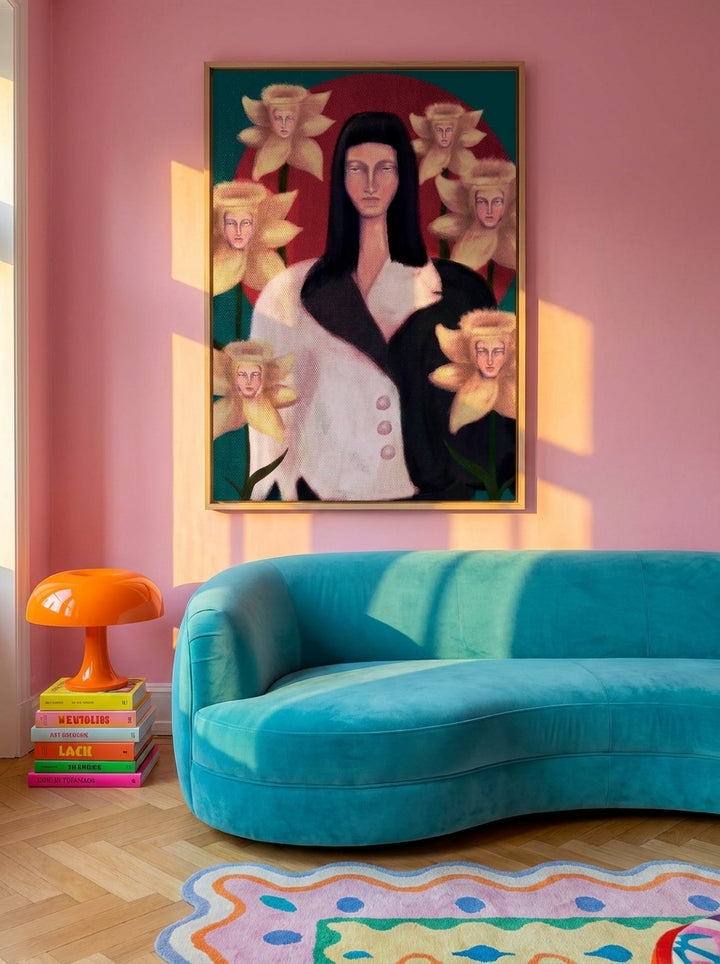 Oversized statement canvas wall art with a natural timber surround styled on the wall in a colourful eclectic living room