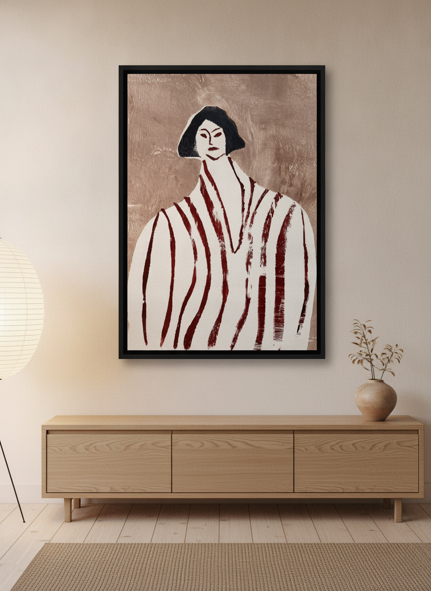 Canvas wall art with a black surround styled on the wall in a warm Japandi living room