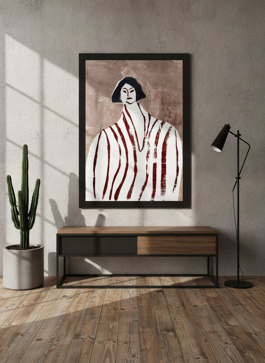 Modern wall art print standing on a console in an industrial loft living room