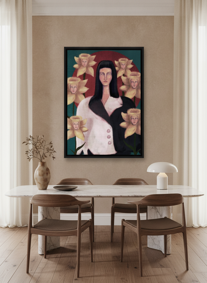 Canvas wall art with a black surround styled on the wall in a luxe dining room