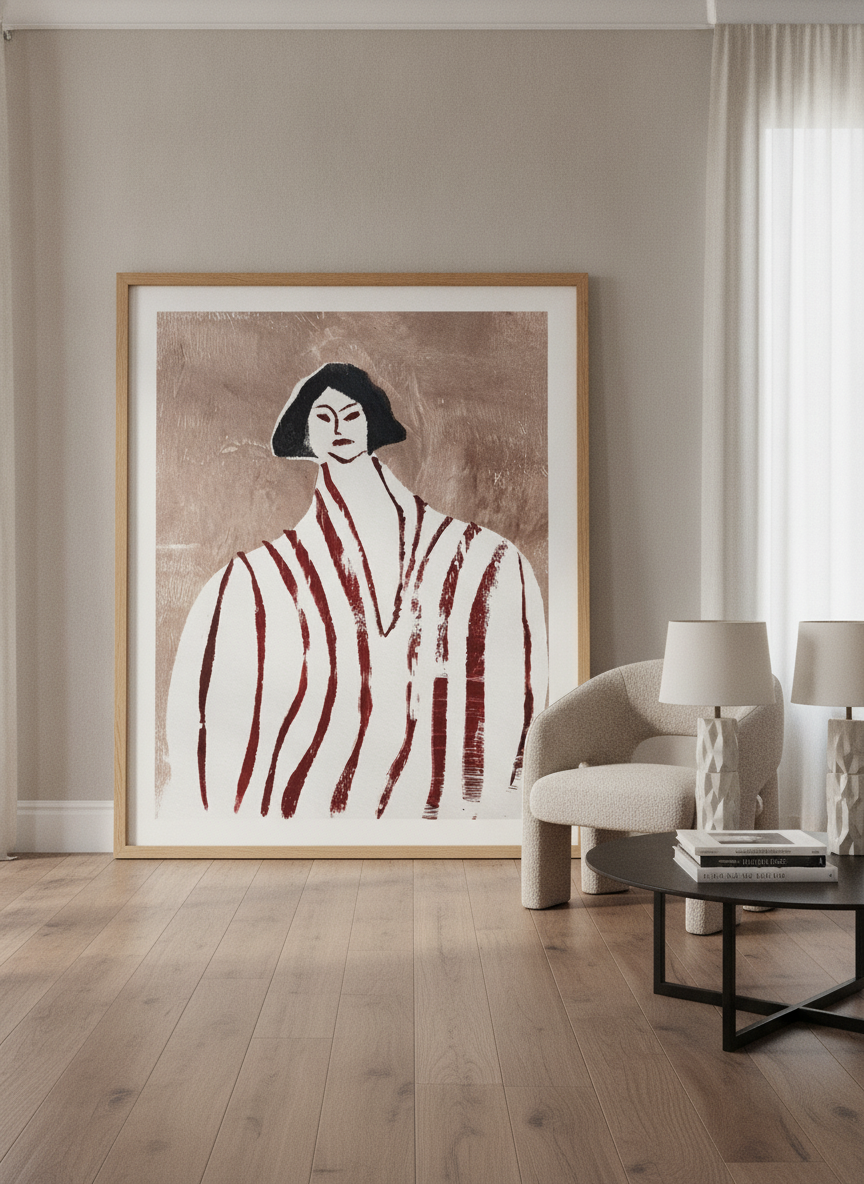Oversized statement modern wall art print leaning against the wall in a luxe living room
