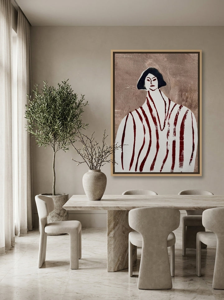 Oversized statement canvas wall art with a natural timber surround styled on the wall in a luxe dining room