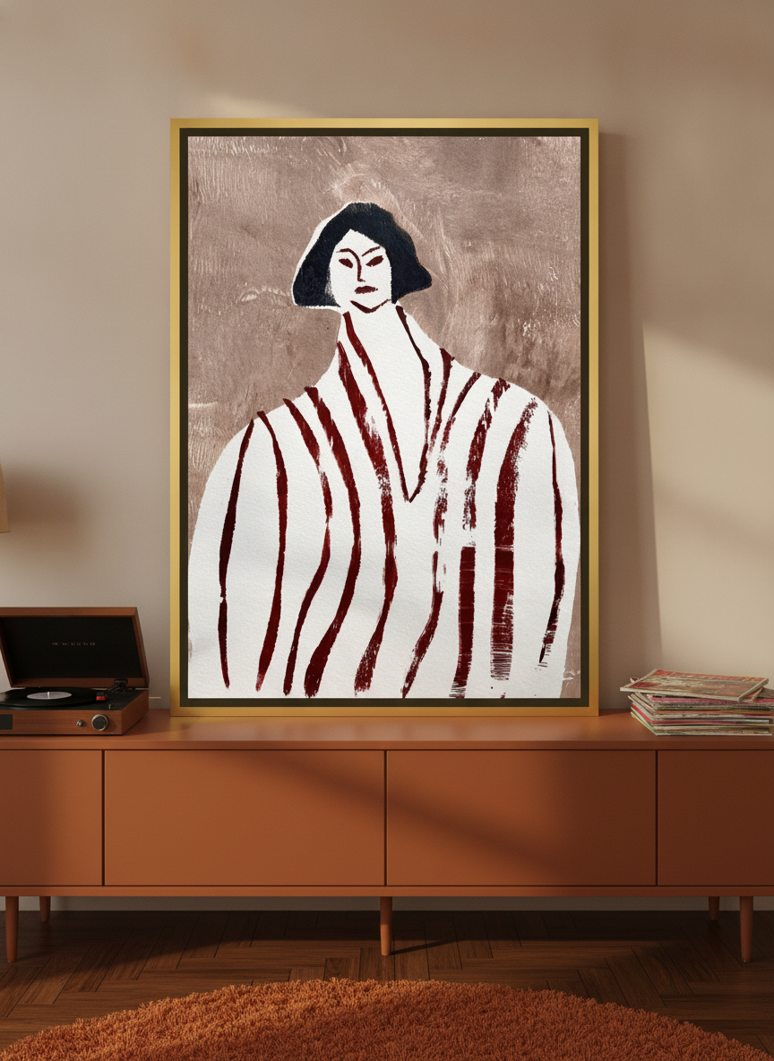 Canvas wall art with a gold leaf surround standing on a sideboard in a retro 70s home office