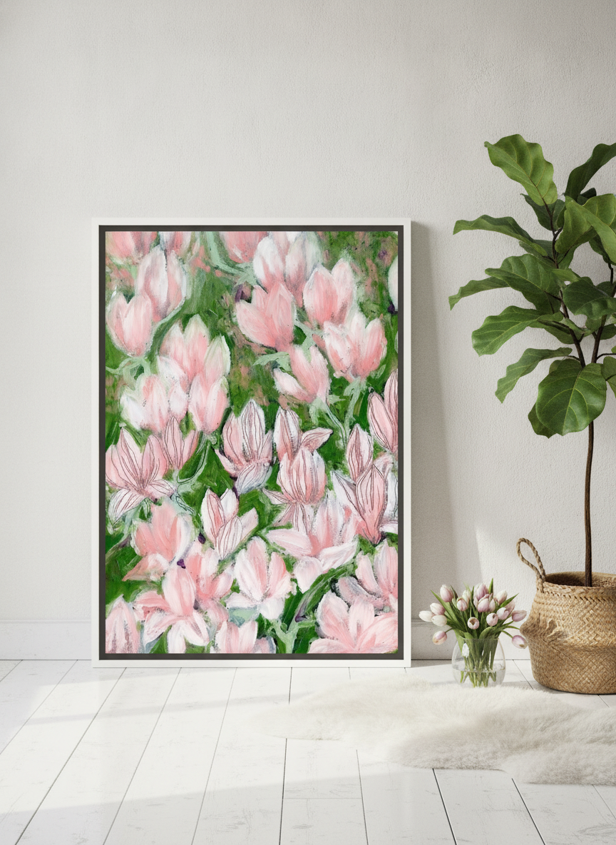 Canvas wall art with a white surround leaning against the wall in a bright Scandinavian bathroom