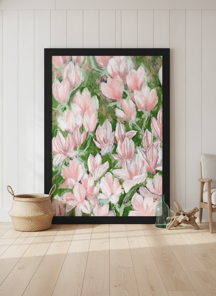 Oversized statement modern wall art print leaning against the wall in a coastal dining room