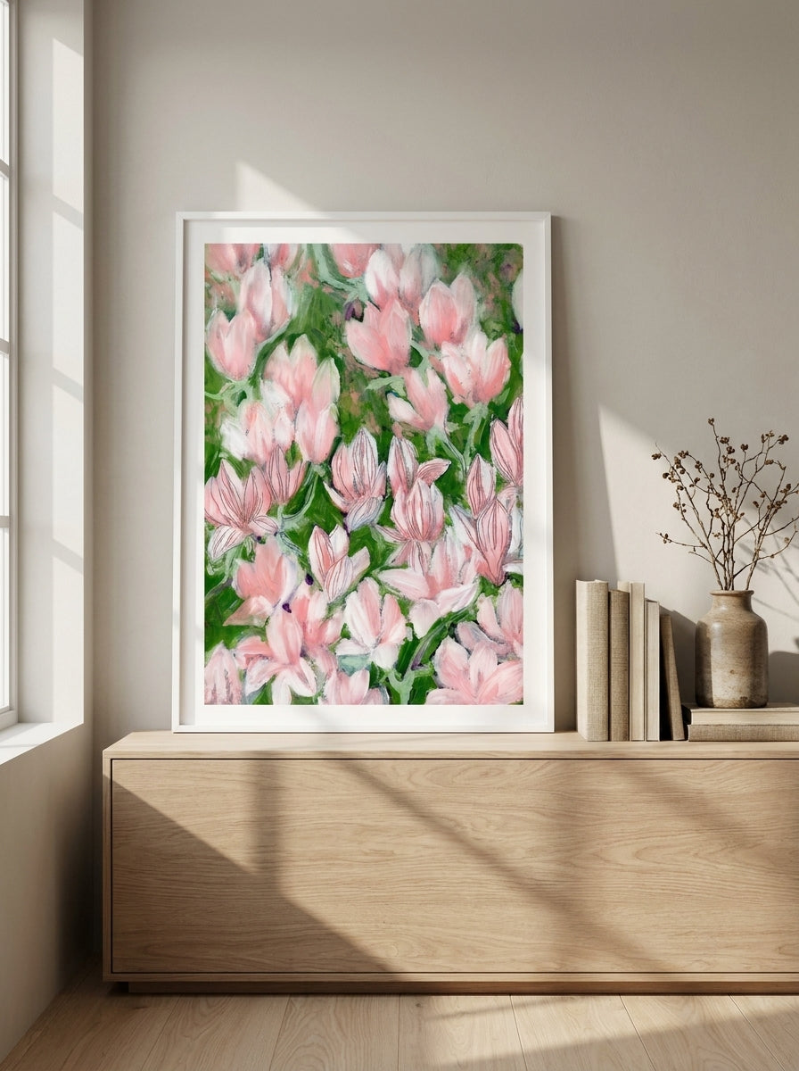 Modern wall art print standing on a sideboard in a warm Japandi bedroom