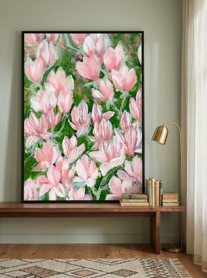 Canvas wall art with a black surround standing on a kitchen bench in a mid-century kitchen