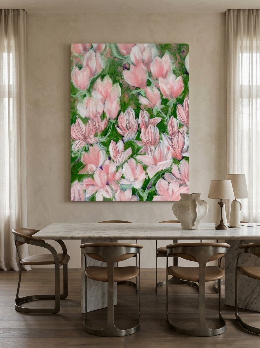 Stretched canvas wall art styled on the wall in a luxe dining room