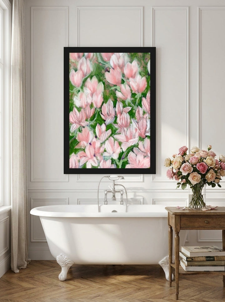 Modern wall art print styled on the wall in a Parisian bathroom