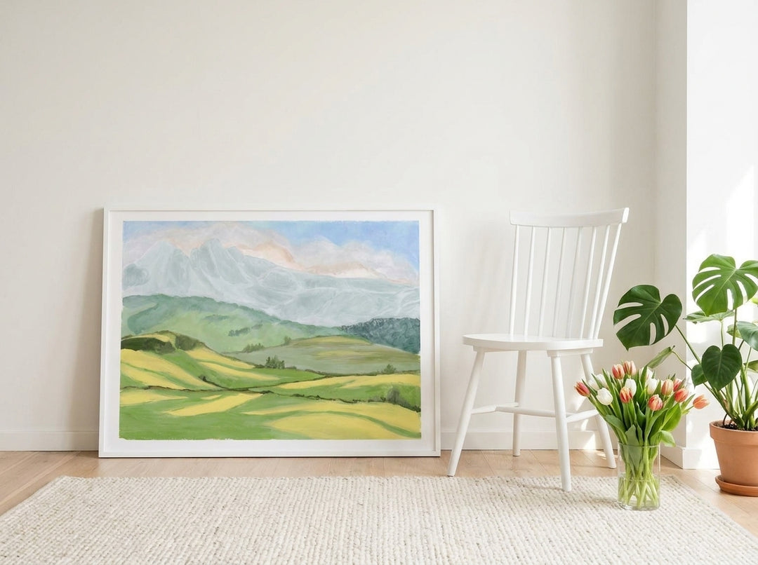 Modern wall art print leaning against the wall in a bright Scandinavian home office