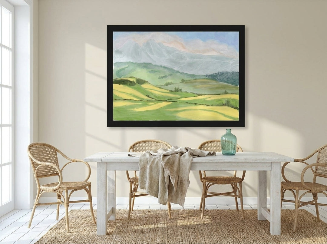 Modern wall art print styled on the wall in a coastal dining room