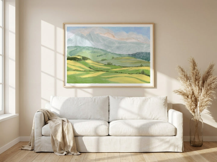 Modern wall art print styled on the wall in a coastal living room