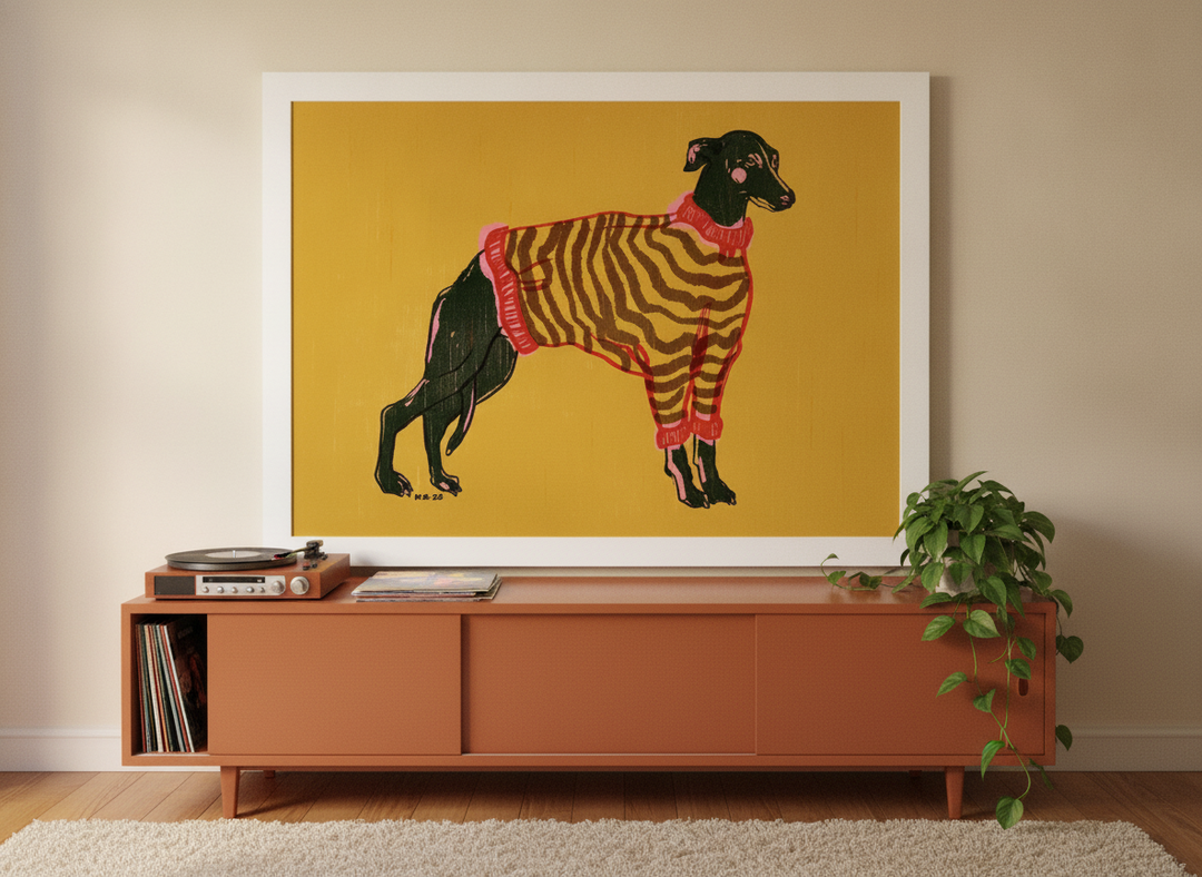 Modern wall art print standing on a sideboard in a retro 70s bedroom