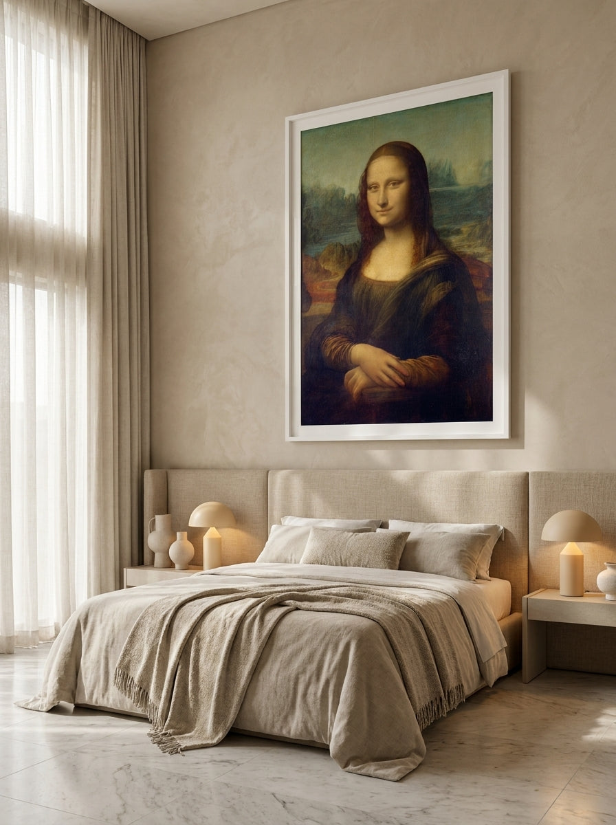 Oversized statement modern wall art print styled on the wall in a luxe bedroom