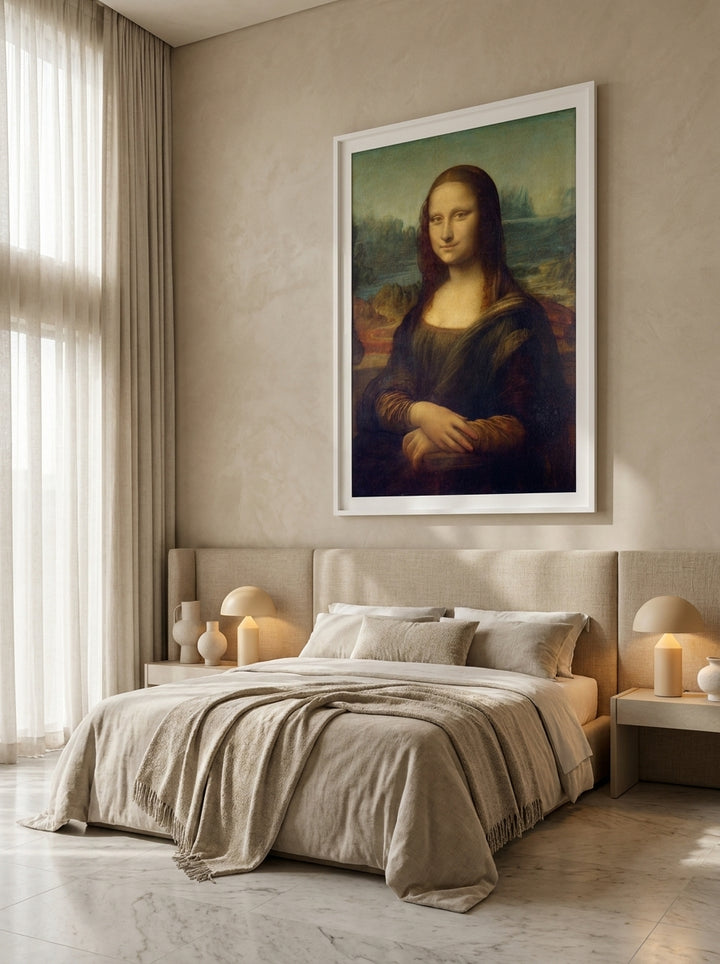 Oversized statement modern wall art print styled on the wall in a luxe bedroom