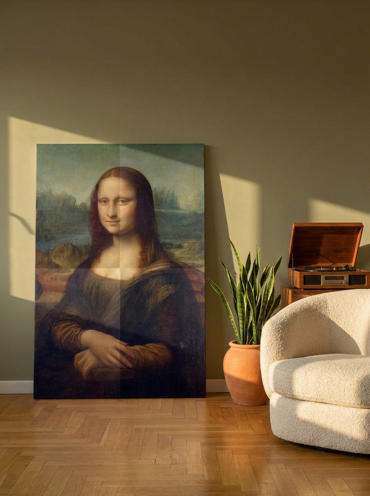 Stretched canvas wall art leaning against the wall in a mid-century living room