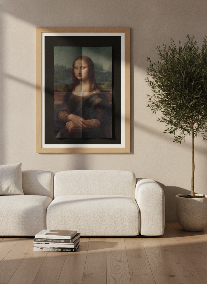 Modern wall art print styled on the wall in a luxe living room
