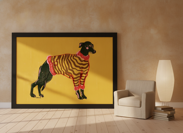 Oversized statement modern wall art print leaning against the wall in a warm Japandi dining room
