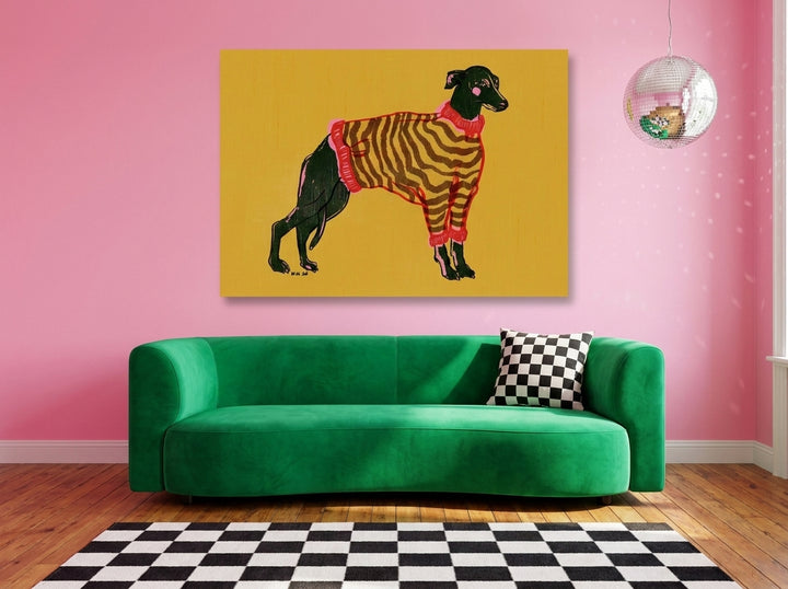 Stretched canvas wall art styled on the wall in a colourful eclectic living room