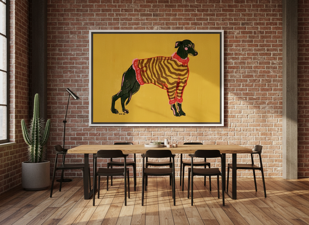 Oversized statement canvas wall art with a white surround styled on the wall in an industrial loft dining room