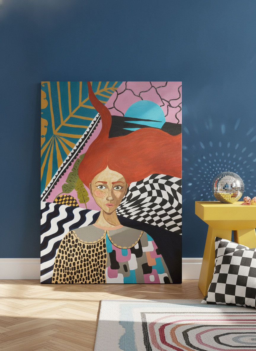 Stretched canvas wall art leaning against the wall in a colourful eclectic bedroom