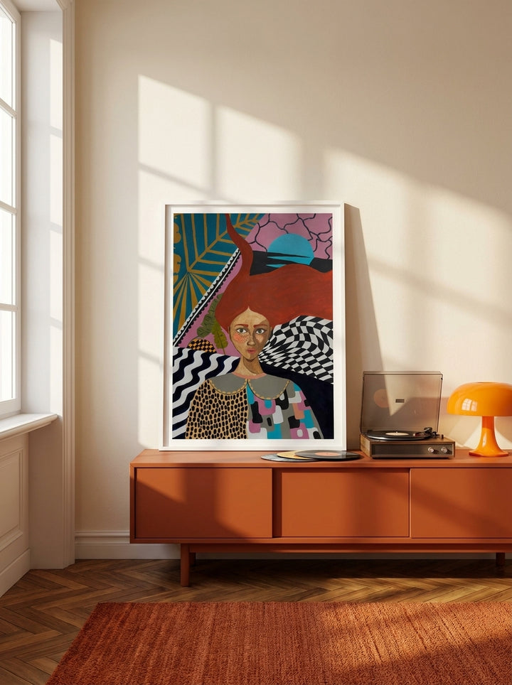 Modern wall art print standing on a sideboard in a retro 70s bedroom