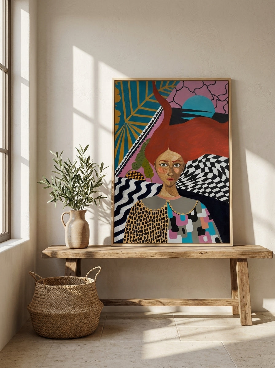 Canvas wall art with a natural timber surround standing on a bench in a Mediterranean bedroom