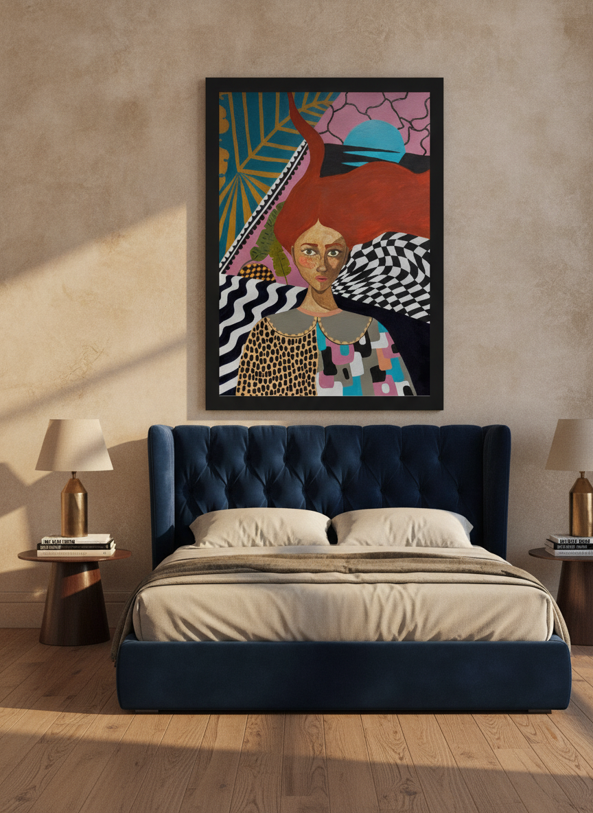 Oversized statement modern wall art print styled on the wall in a luxe bedroom