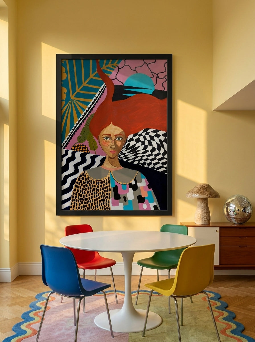 Oversized statement modern wall art print styled on the wall in a colourful eclectic dining room