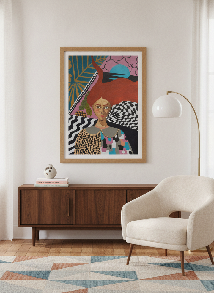 Modern wall art print styled on the wall in a mid-century living room