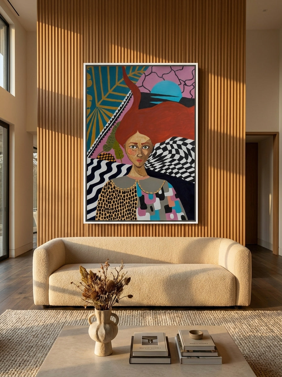 Oversized statement canvas wall art with a white surround styled on the wall in a luxe living room
