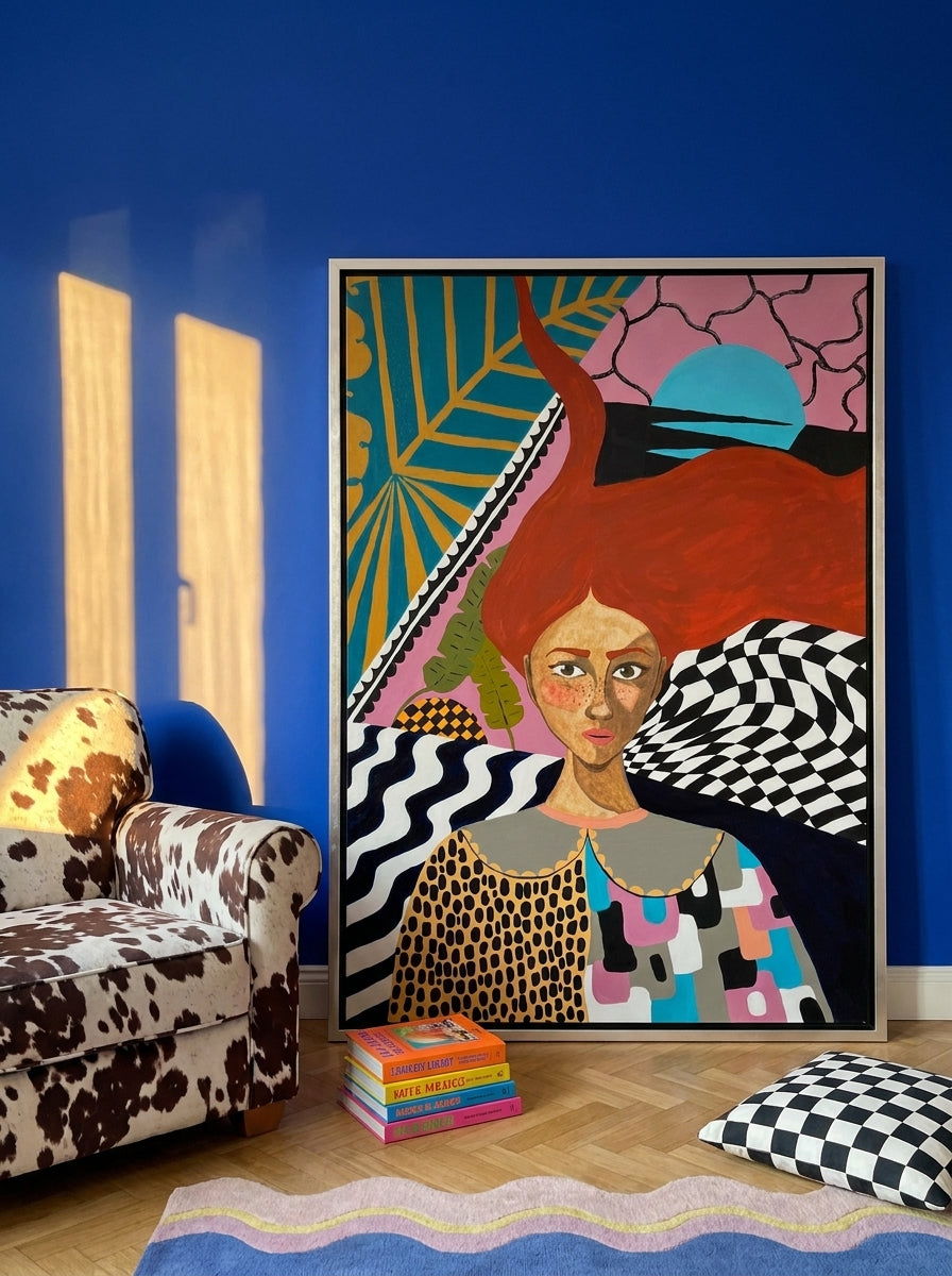 Oversized statement canvas wall art with a silver leaf surround leaning against the wall in a colourful eclectic dining room