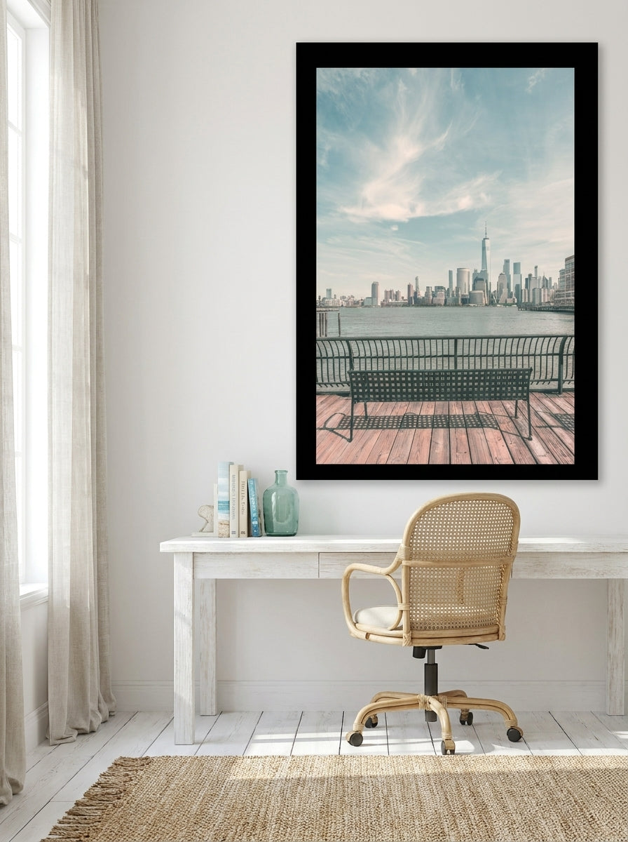 Oversized statement modern wall art print styled on the wall in a coastal home office