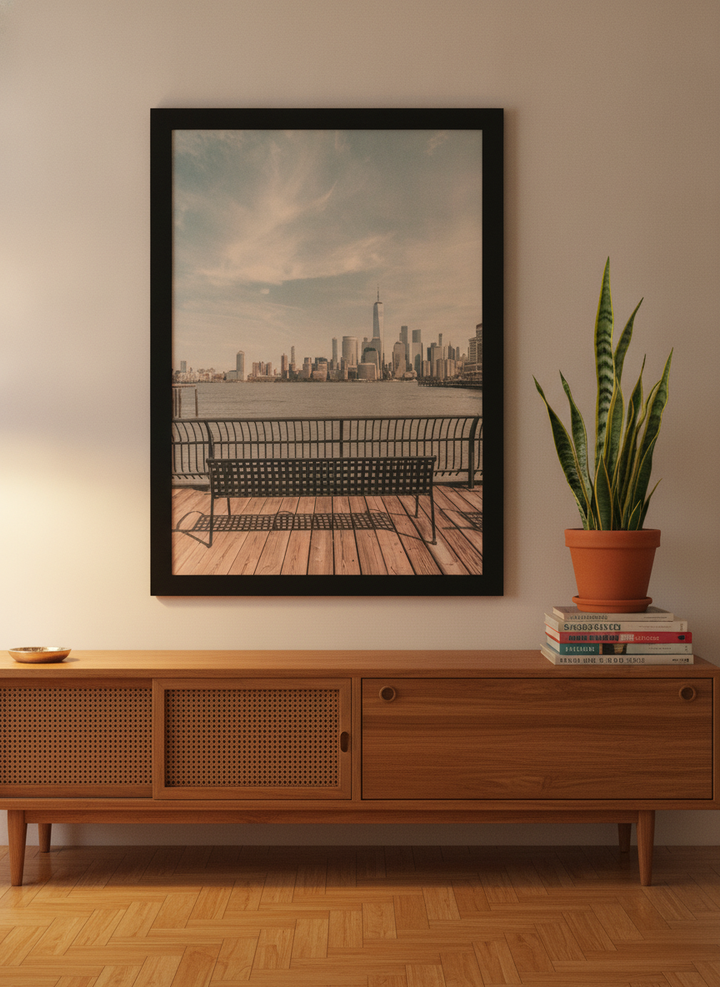 Modern wall art print styled on the wall in a mid-century living room