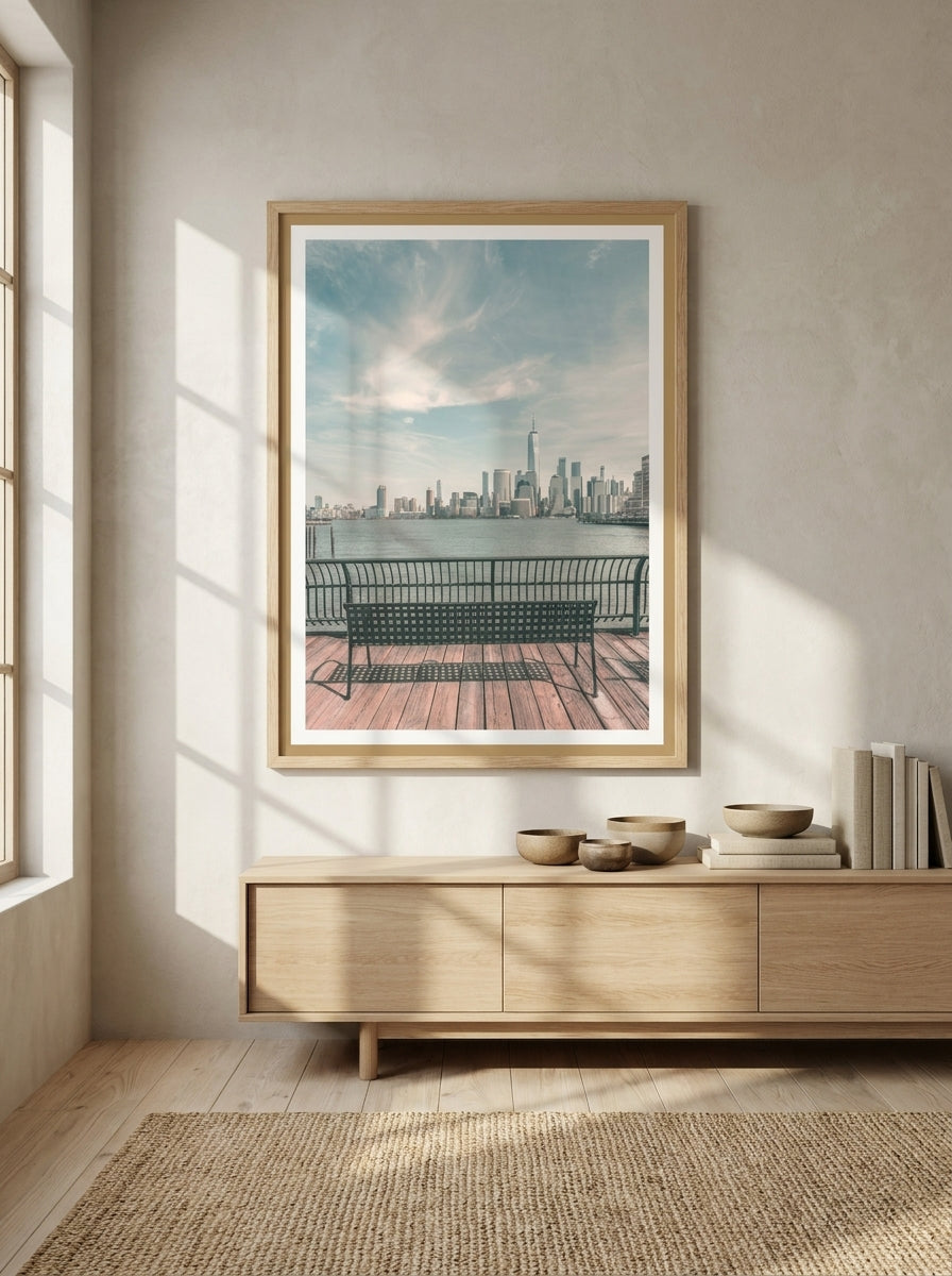 Modern wall art print styled on the wall in a warm Japandi living room