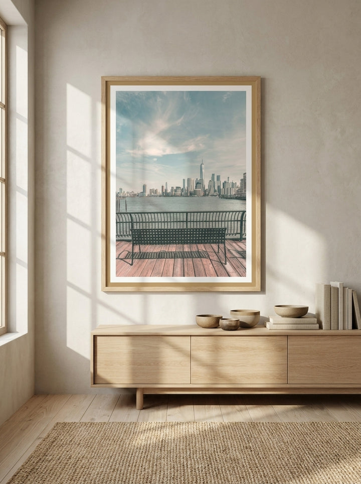 Modern wall art print styled on the wall in a warm Japandi living room