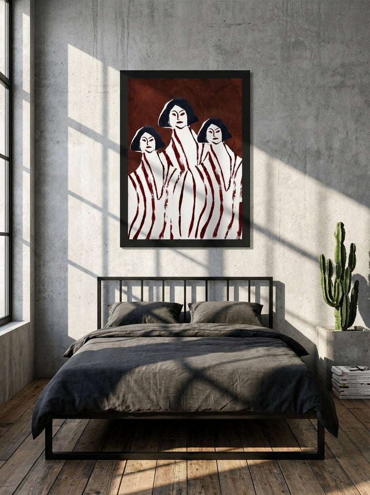 Modern wall art print styled on the wall in an industrial loft bedroom
