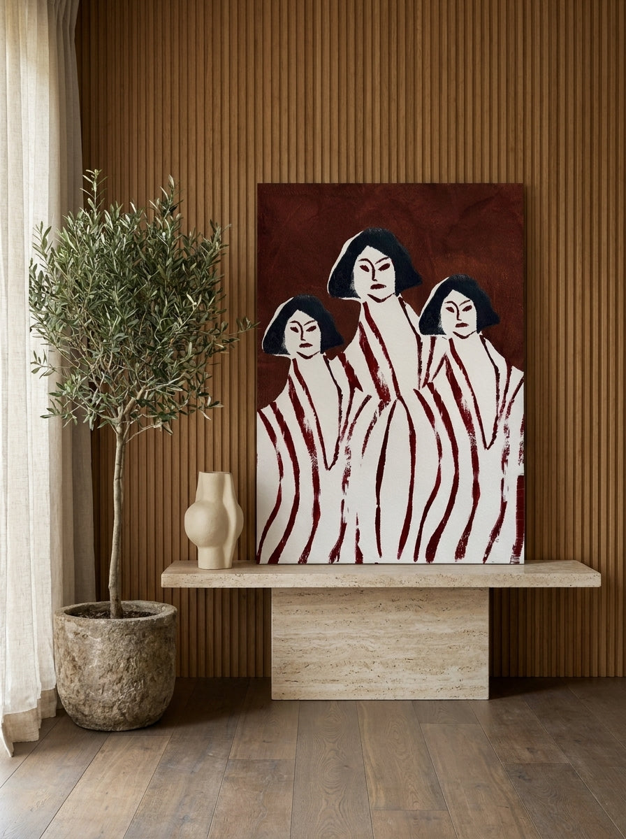 Stretched canvas wall art standing on a console in a luxe living room
