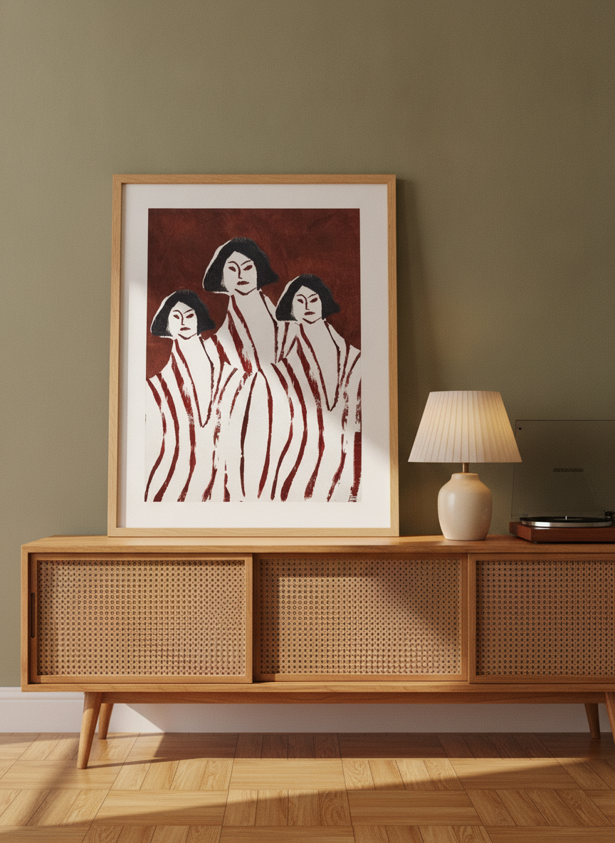 Modern wall art print standing on a sideboard in a mid-century home office