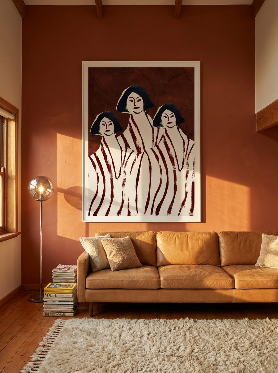 Oversized statement modern wall art print styled on the wall in a retro 70s living room