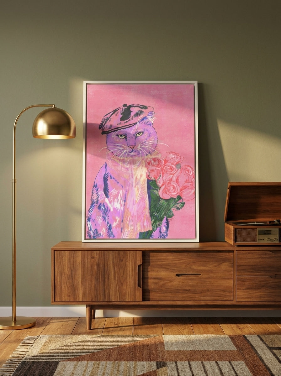 Canvas wall art with a white surround standing on a sideboard in a mid-century home office