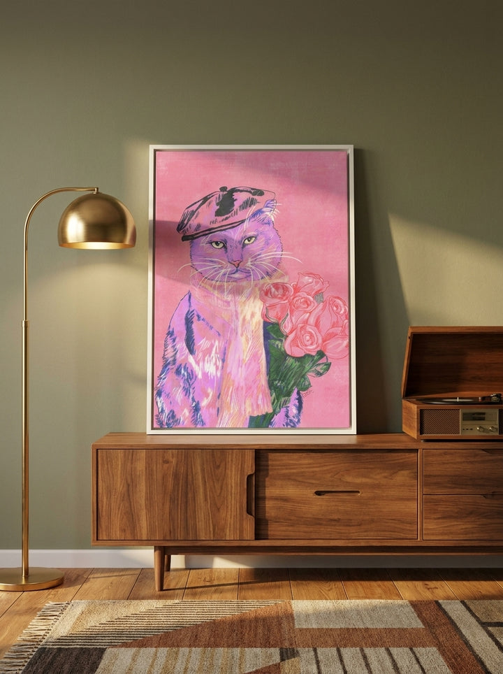 Canvas wall art with a white surround standing on a sideboard in a mid-century home office
