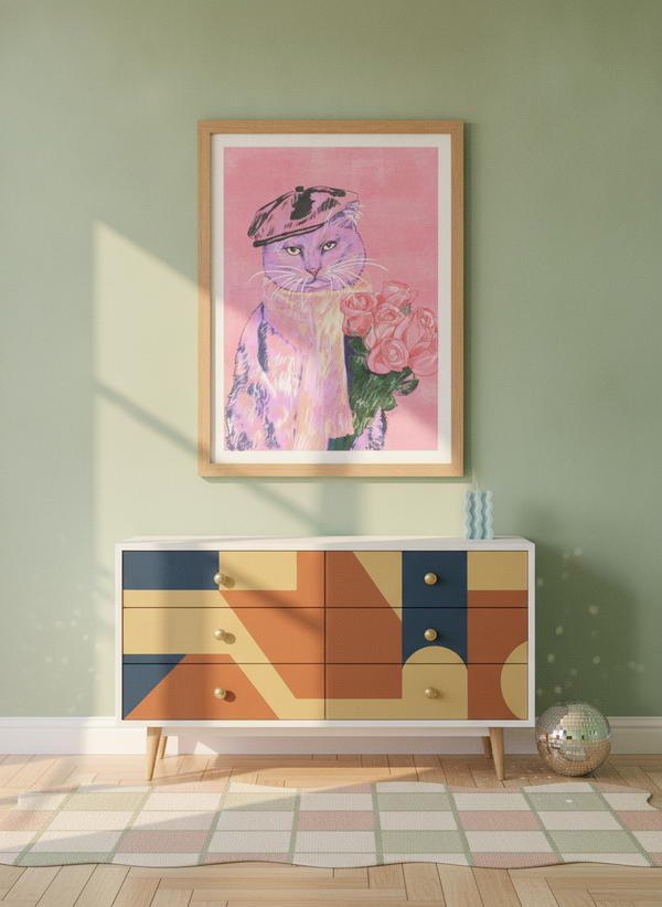 Stylish Cat with Roses By Katariina Kosunen | Art & Canvas Print