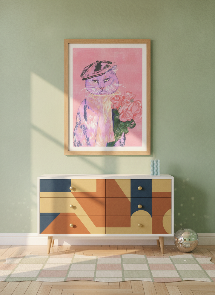 Modern wall art print styled on the wall in a colourful eclectic nursery