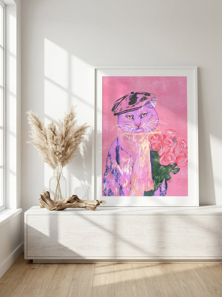 Modern wall art print standing on a console in a coastal nursery