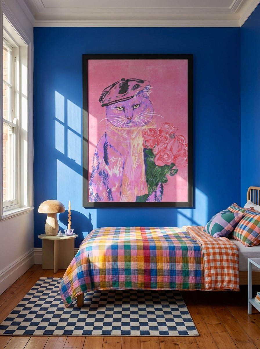 Oversized statement modern wall art print styled on the wall in a colourful eclectic bedroom